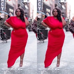 Red Shoulder Padded Asymmetrical Maxi Dress